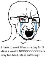 bloodshot_eyes crying glasses open_mouth soyjak stubble text variant:soyak work // 704x872 // 33.0KB