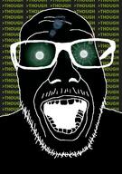 black_skin glasses glowing_eyes green_eyes greentext inverted mustache open_mouth soyjak stubble text thougher variant:punkjak // 918x1306 // 168.7KB