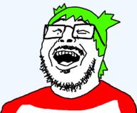4chan 4cuck green_hair laughing red_shirt white_shirt // 725x602 // 16.1KB