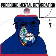 angry bald black_eyes black_hole black_sclera boat clenched_teeth closed_mouth cracked_teeth drool ear flag flag:guam flag:united_states glasses guam hair iq iq_bell_curve mustache nightmare_fuel no_pupils profound_mental_retardation retard soyjak star_(symbol) stubble territory text tree united_states variant:feraljak water wrinkles // 1024x1024 // 81.9KB