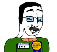 award blue_eyes cleanjak clothes eyebrows glasses hair happy mustache my_name_is_(sticker) name_tag reverse_slopjak variant:chudjak wholesome wrinkles // 1095x986 // 43.9KB