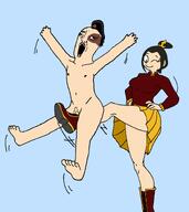 avatar_the_last_airbender azula ballbusting blue_background boot clothes cock_and_ball_torture coco_(ongezellig) ear female genital_torture kicking_balls ongezellig open_mouth or_are_you_a_stupid_whore pain penis scar smirk soyjak variant:chudjak wink zuko // 1417x1591 // 184.7KB