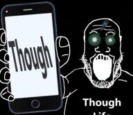 arm black_skin clothes glowing glowing_eyes hand holding_object holding_phone inverted iphone open_mouth phone soyjak stubble subvariant:phoneplier subvariant:phoneplier_vertical text thougher transparent tshirt variant:markiplier_soyjak // 2160x1884 // 1.1MB