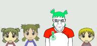 4chan anime closed_mouth clothes crazed female glasses green_hair hair looking_at_you nate neutral soyjak stubble thousand_yard_stare variant:feraljak yellow_hair yotsoyba // 5000x2400 // 338.7KB