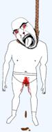 ack anhero arm bloodshot_eyes crying full_body glasses hand leg open_mouth poop rope soyjak stubble tongue variant:cobson // 1074x2709 // 134.3KB