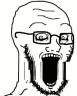 animated crazed down glasses looking moving open_mouth shaking soyjak stretched_mouth stubble subvariant:soyak_(crazed) variant:soyak // 645x805 // 741.1KB
