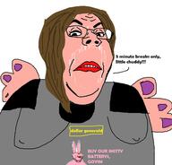 amerimutt angry apron big_chungus breasts brown_hair dollar_general duracell energizer fat female glasses lipstick manager nails pink_skin rabbit subvariant:impish_amerimutt text variant:gapejak variant:impish_soyak_ears // 1302x1246 // 130.3KB