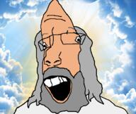 beard christianity cial glasses glowing god grey_beard grey_eyebrows grey_hair hair heaven open_mouth religion robe sky soyjak teeth variant:parrotjak // 682x576 // 349.2KB