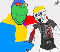 2soyjaks arm blood glasses hair hand holding_knife holding_object knife leg murder nate nazism open_mouth push_pin soyjak sticky stubble swastika trend:colorjak variant:a24_slowburn_soyjak variant:soyak yellow_hair // 692x598 // 83.1KB