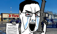 arm bloodshot_eyes buffalo_shooting chud crying firearm glasses gun hair hand holding_gun holding_object holding_rifle irl_background manifesto mass_shooter open_mouth paper payton_gendron rifle soyjak text tops variant:chudjak weapon // 1126x685 // 326.4KB