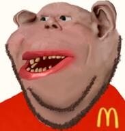 amerimutt bad_teeth bernd_schmidt big_lips ear mcdonalds mouth_open realistic red_shirt smile soyjak stubble subvariant:impish_amerimutt variant:impish_soyak_ears // 250x263 // 42.4KB
