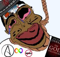 ack atheism atheistcuck autism big_lips brown_skin clothes glasses hat no_morals richard_dawkins rope subvariant:jartycuck the_god_delusion variant:chudjak // 1050x996 // 381.1KB