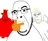 3soyjaks angel biting_lip blue_eyes closed_mouth demon ear fat glasses halo horn smile soyjak stubble subvariant:blobson subvariant:hornyson subvariant:nucob thinking variant:cobson wing yellow_hair 🤔 // 1934x1672 // 632.3KB