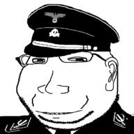 clothes collar_tabs ear eyelids glasses hat hat_ornament jacket military military_cap military_uniform nazism necktie no_eyebrows reichsadler skull_hat_ornament small_eyes smile soyjak stubble subvariant:massjak subvariant:wholesome_soyjak swastika totenkopf variant:gapejak // 600x600 // 54.4KB