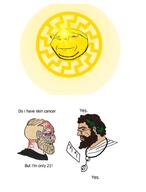 cancer doctor glasses mediterrenean nordic_chad skin_cancer smile sonnenrad soyjak stubble subvariant:wholesome_soyjak sun text variant:gapejak yellow_skin // 3106x4096 // 532.5KB