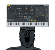 black eyes forehead_lines glasses looking_up mouth_open nose nostril open_mouth orange series:vstjaks stubble sytrus_(vst) transparent_background variant:a24_slowburn_soyjak virtual_synth // 900x827 // 220.3KB