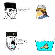 2soyjaks blond blond_beard blue_eyes bone christianity clothes foot glasses hat heathenry nordic_chad open_mouth paganism smug soyjak stubble text variant:gapejak variant:soyak viking viking_helmet water // 1280x1280 // 74.8KB