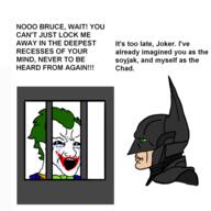 batman batman:_arkham_knight batman_(series) bloodshot_eyes bowtie capeshit chad clothes clown crying dc_comics green_hair hair joker_(dc) nordic_chad open_mouth soyjak text variant:soyak // 500x500 // 62.1KB
