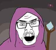 angry drawn_background glasses hood mustache noita open_mouth soyjak stubble variant:feraljak wand // 1024x912 // 208.8KB