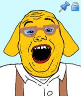 clothes dog ear glasses janny lock makeup open_mouth push_pin soyjak sticky stubble suspenders tranny variant:alicia yellow_skin // 620x730 // 107.5KB