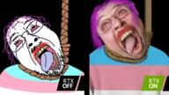 2soyjaks ack bernd_schmidt bloodshot_eyes clothes crying flag glasses gpu hanging irl meme mustache nvidia open_mouth purple_hair redraw rope rtx science soyjak spinning stubble suicide text tongue tranny variant:bernd yellow_teeth // 1920x1080 // 1.9MB