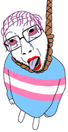 beard bloodshot_eyes crying eyelashes flag:transgender_pride_flag full_body glasses hanging open_mouth purple_hair red_lips rope soyjak stubble tongue tongue_out tranny transparent_background troon variant:derpson yellow_teeth // 1018x1955 // 61.4KB