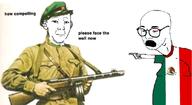 2soyjaks arm bloodshot_eyes closed_mouth clothes communism country crying ear flag glasses hand meme mexico neutral open_mouth pointing soyjak stubble text tshirt variant:kuzjak variant:togglebott // 1093x596 // 403.0KB