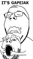 2soyjaks arm cannibalism closed_eyes closed_mouth glasses hand holding_object its_over open_mouth soyjak stubble subvariant:wholesome_soyjak text variant:gapejak // 600x1053 // 112.0KB