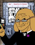 4chan arm bloodshot_eyes bowtie button clothes crying dog glasses hand hands_up holocaust janny multiple_soyjaks open_mouth qa_(4chan) soyjak stretched_mouth stubble tag tuxedo variant:a24_slowburn_soyjak variant:cryboy_soyjak variant:soyak // 695x900 // 404.7KB