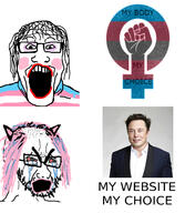 angry bloodshot_eyes blush cat_ear clothes crying double_standarts elon_musk flag glasses hair hypocrite makeup open_mouth pink_hair soyjak stubble text thick_eyebrows tranny twitter variant:cryboy_soyjak variant:markiplier_soyjak // 1396x1601 // 797.3KB