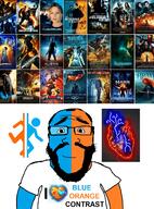 beard blue blue_skin closed_mouth clothes glasses heart i_love movie orange orange_skin portal subvariant:science_lover text trend:colorjak tshirt variant:markiplier_soyjak video_game // 1160x1571 // 599.1KB