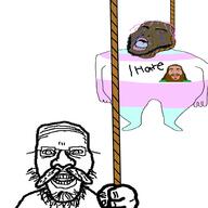 2soyjaks balding beard bloodshot_eyes brown_skin crying glasses hanging i_hate jimmy_davis lipstick makeup mustache noose open_mouth pink_hair rope stubble text tranny variant:jimjak variant:jimmy_davis // 1000x1000 // 123.1KB