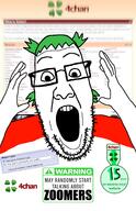 4chan anime arm badge clothes glasses green_hair hair motion_blur oldfag op_is_a_retarded_lazy_faggot_for_not_tagging_his_own_shit open_mouth report soyjak stubble variant:ppp warning yotsoyba zoomer // 1000x1553 // 499.7KB