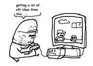 clothes full_body glasses holding_object mario nes nft nintendo open_mouth soyjak speech_bubble stubble television text variant:unknown video_game // 398x282 // 7.0KB