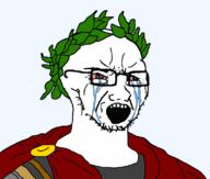 armor bloodshot_eyes caesar clothes crying empire glasses hat history julius leaf open_mouth roman rome soyjak stubble variant:soyak // 800x678 // 134.0KB