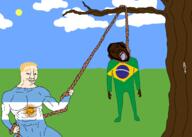 animal argentina aryan beard black_skin brazil buff clothes crying dead ear flag flag:argentina flag:brazil full_body glasses grass hair hanging monkey mustache open_mouth rope sky smirk soyjak star suicide tongue tree variant:bernd variant:chudjak // 2048x1462 // 758.9KB