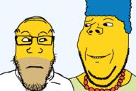 are_you_soying_what_im_soying artist:keys balding blue_hair eyebrows glasses homer homer_simpson marge marge_simpson necklace smile stubble subvariant:neutralplier subvariant:wholesome_soyjak variant:gapejak variant:markiplier_soyjak white_shirt yellow_skin // 1200x800 // 68.5KB