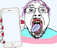 aliased eyelashes finger flag:transgender_pride_flag glasses hair lipstick looking_at_you meta:not_a_fucking_duplicate meta:template mustache nails open_mouth phone purple_hair showing_something stubble template tongue tongue_out tranny transparent_background troon variant:bernd white_skin wrinkles yellow_teeth // 921x763 // 109.2KB