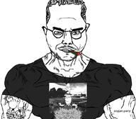 3soyjaks animal arm black_shirt buff chicken closed_mouth clothes farm full_body glasses grass hair hand irl_background kingcobrajfs lips logo looking_at_you meme muscles mustache smile smirk smoke smoking smug soyjak_party stubble subvariant:chudjak_front subvariant:muscular_chud subvariant:wholesome_soyjak suspenders tattoo text tree variant:chudjak variant:gapejak vein weed world_is_a_fuck youtuber // 1059x929 // 196.1KB