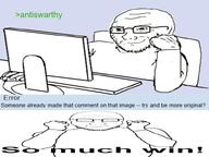 antiswarthy_(namefag) arm arrow chair clothes computer front_facing glasses greentext hand happy jean-luc_picard low_effort screen smug so_much_win soyjak star_trek stubble table variant:soyak win wrinkles // 800x600 // 224.2KB