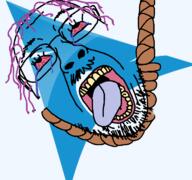 GNULinux arch_linux bloodshot_eyes crying g_(4chan) hanging logo mustache noose open_mouth purple_hair rope soyjak stubble suicide technology tongue tranny variant:bernd // 768x719 // 108.3KB