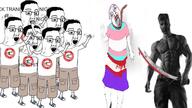adolf_hitler blood bloodshot_eyes clothes dead excited flag full_body gigachad glasses hair hand hands_up islam multiple_soyjaks mustache nazism open_mouth rope soyjak stubble swastika sword text tongue tranny variant:bernd variant:chudjak waving // 1282x720 // 406.5KB