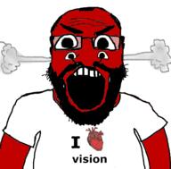beard clothes fume glasses heart multiple_eyes open_mouth red_skin soyjak subvariant:science_lover text variant:markiplier_soyjak vision // 800x789 // 152.3KB