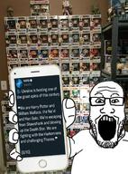 dune funko_pop glasses harry_potter holding_object holding_phone iphone marvel nato open_mouth phone russo_ukrainian_war soyjak star_wars stubble subvariant:phoneplier subvariant:phoneplier_vertical thanos twitter variant:markiplier_soyjak // 943x1278 // 247.4KB