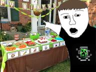 arm brown_hair clothes food hair hand irl_background minecraft open_mouth pointing soyjak tshirt variant:two_pointing_soyjaks // 3264x2448 // 1.6MB