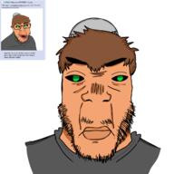 artist:rhubarb_15 black_sclera brown_hair euromutt eyebags fnf_pedo green_eyes grey_hat grey_shirt joe_mama joel_(user) mustache stubble subvariant:chudplier tan_skin variant:chudjak variant:feraljak variant:markiplier_soyjak // 1280x1280 // 398.1KB