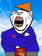angry arm chips clothes cloud doritos ear food foodjak hand hat holding_object i_love irl_background leg open_mouth sea stubble teeth text tshirt variant:impish_soyak_ears water // 598x800 // 312.0KB