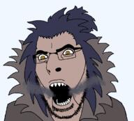 akatsuki angry anime artist:hellcat blue_hair brown_skin cloak clothes glasses hair naruto_(series) open_mouth ponytail puppet sandaime_kazekage sharp_teeth soyjak stubble variant:cobson yellow_eyes // 1114x1012 // 35.8KB