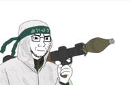 balkans bosnia closed_mouth concerned glasses headband holding_object islam jihad rocket_launcher soyjak stubble text variant:soyak war // 1024x664 // 309.2KB