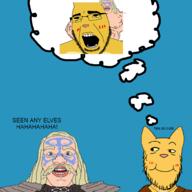 blush furry jimmy_davis katia_managan khajiit nord_(the_elder_scrolls) prequel_(webcomic) smile soyjak stubble the_elder_scrolls thought_bubble variant:a24_slowburn_soyjak variant:cobson webcomic yellow_sclera // 1000x1000 // 357.5KB